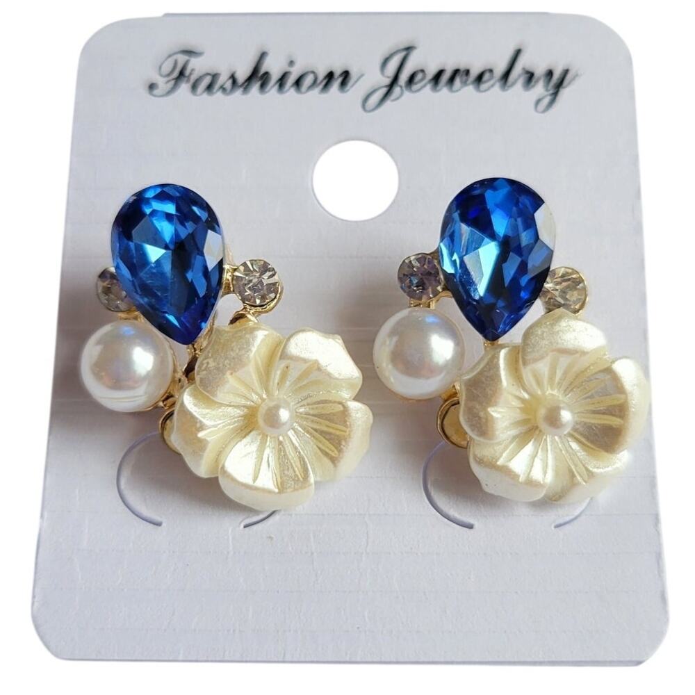 Pearl Flower Blue Earrings Crystal Teardrop Rhinestone Women Jewelry, Gift Bag